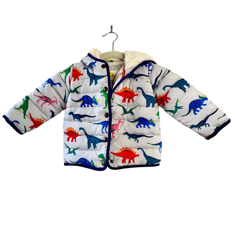 BABY BODEN Dinosaur Puffer Jacket Boys 12-18 Mos Sherpa Lined Anorak Coat Dino